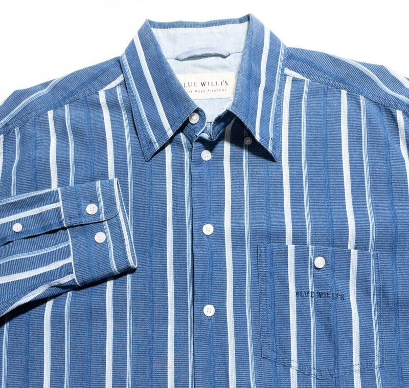 Blue Willi's Denmark Shirt Mens Large Long Sleeve Indigo Blue Stripe Button-Down