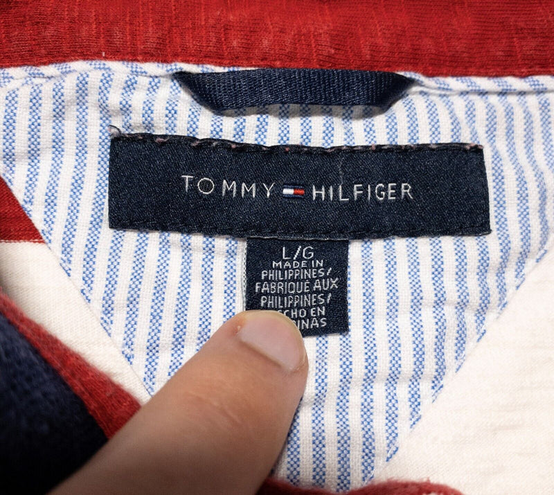 Tommy Hilfiger Rugby Shirt Large Men's Polo Red White Chunky Striped Vintage 90s