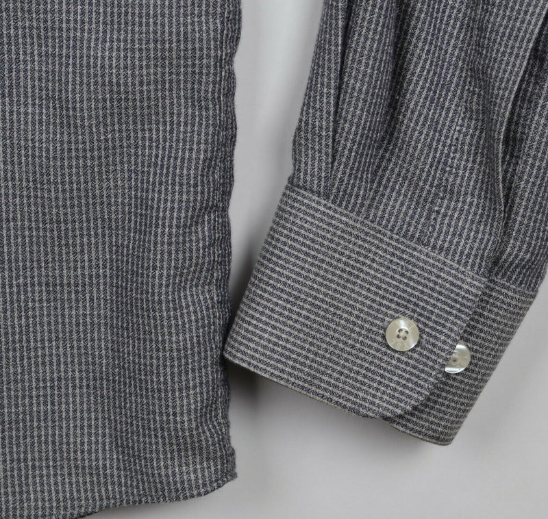 Vintage Yves Saint Laurent Men's Sz Large Band Collar Gray Button-Front Shirt