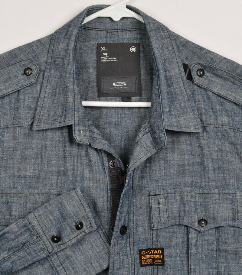 G-Star Men's Sz XL Snap Zip Blue Gould Chambray Long Sleeve Shirt