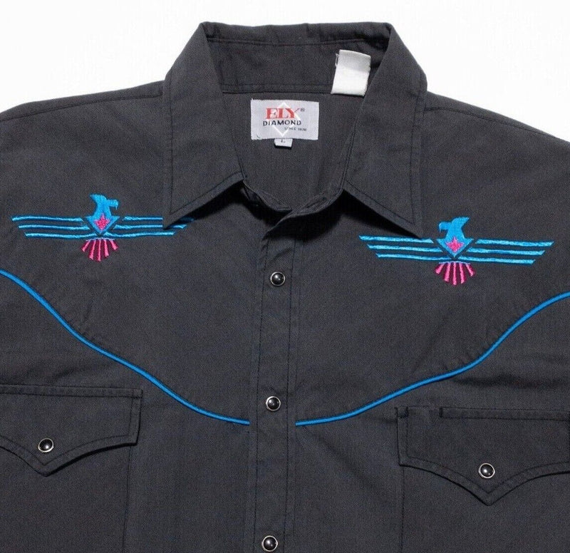 Ely Diamond Western Shirt Large Men's Pearl Snap Embroidered Eagle Aztec Black