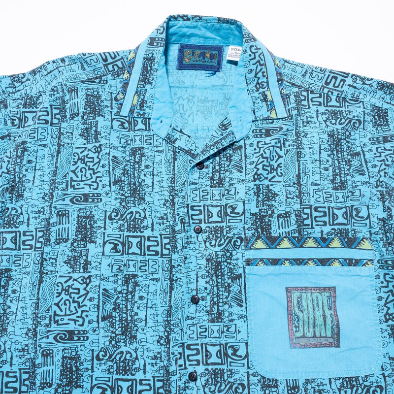 Gitano Wave Rhythm Shirt Men's Large Vintage 90s Turquoise Blue Geometric Surf