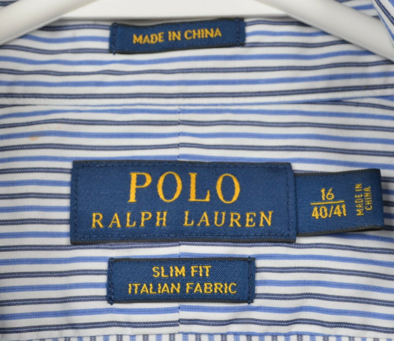 Polo Ralph Lauren Men's 16 40/41 Slim Fit Blue Striped Cutaway Collar Shirt