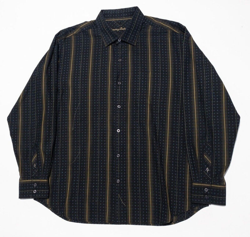 Tommy Bahama Silk Long Sleeve Shirt XL Men's Blue Gold Striped Woven Button-Up