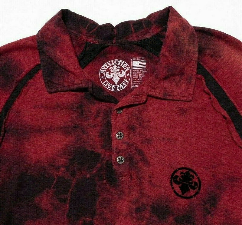 Affliction Polo Shirt Medium Men's Red Black Distressed Skull USA Short Sleeve
