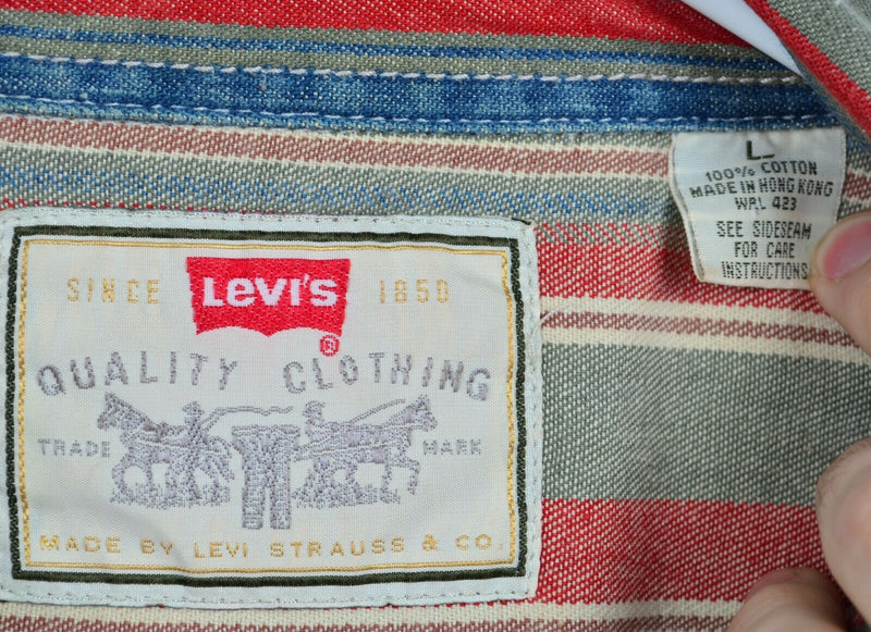 Vtg 90s Levi's Mens Sz Large Metal Rivet Buttons Red Blue Striped Railroad Shirt