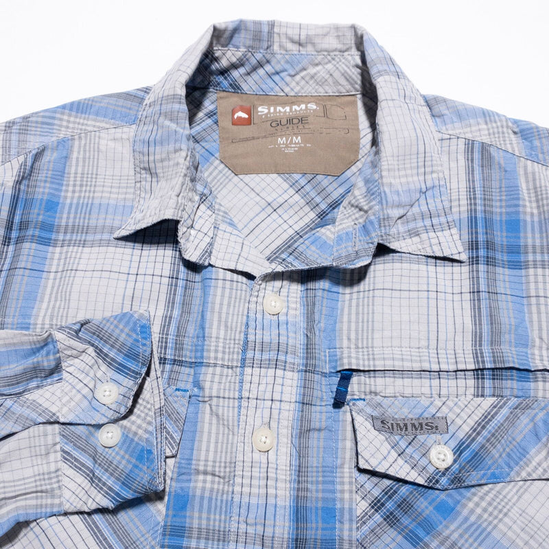 Simms Fishing Shirt Men's Medium Guide Series Button-Up Blue Gray Plaid Wicking