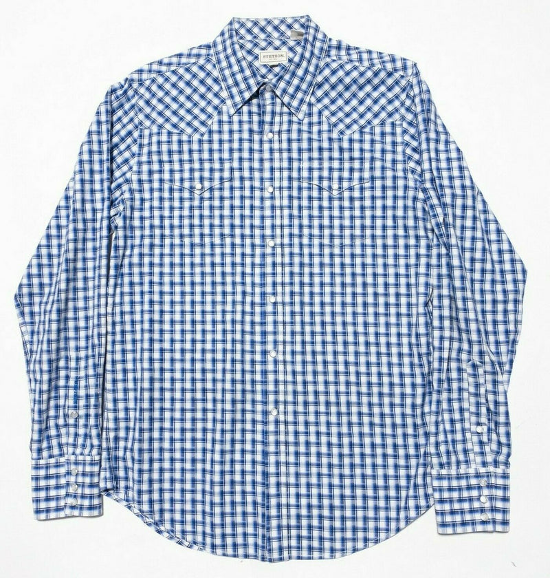 Stetson Pearl Snap Shirt Men's Large Blue Plaid Western Rockabilly Long Sleeve