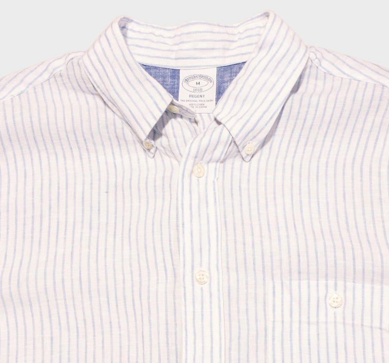 Brooks Brothers Linen Shirt Medium Men's White Blue Striped Short Sleeve Button