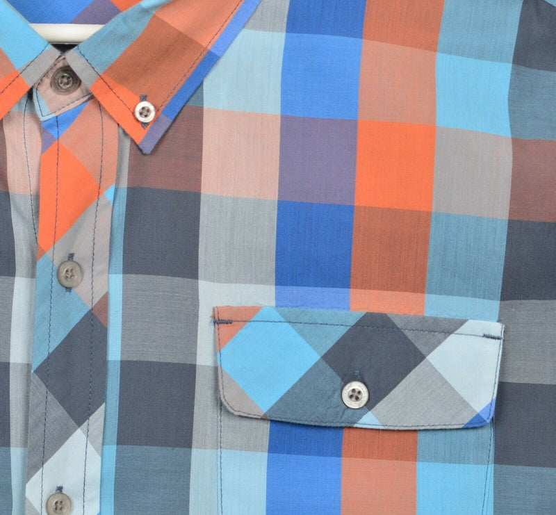 Travis Mathew Men's 2XL Orange Blue Check Cotton Poly Blend Button-Down Shirt