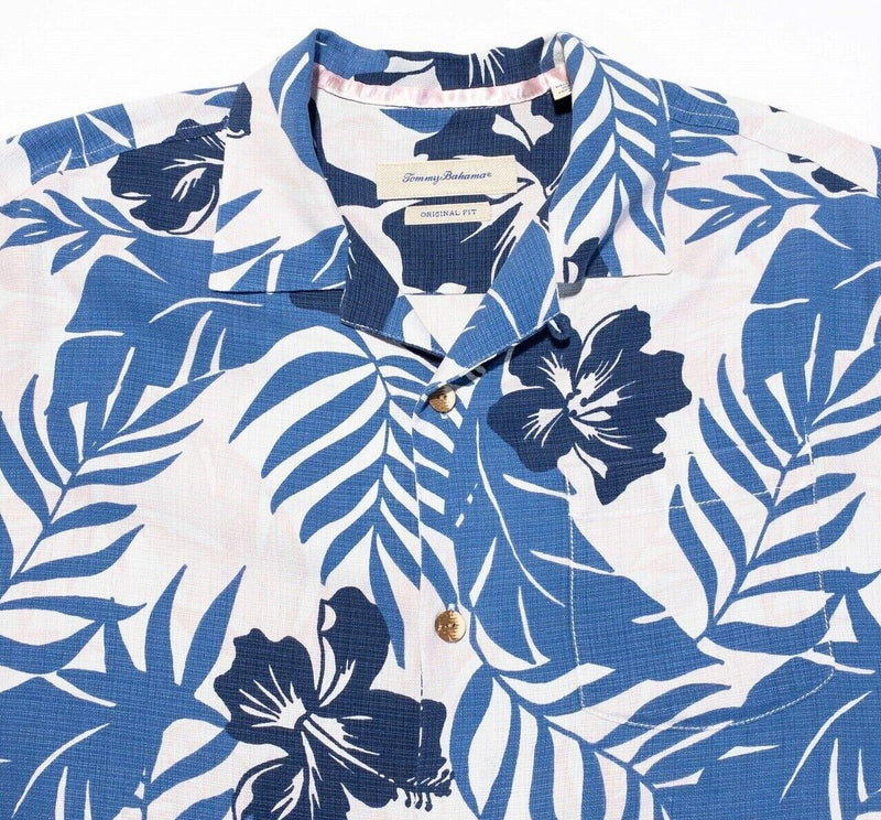 Tommy Bahama Silk Shirt Medium Original Fit Hawaiian Floral Blue Camp Collar