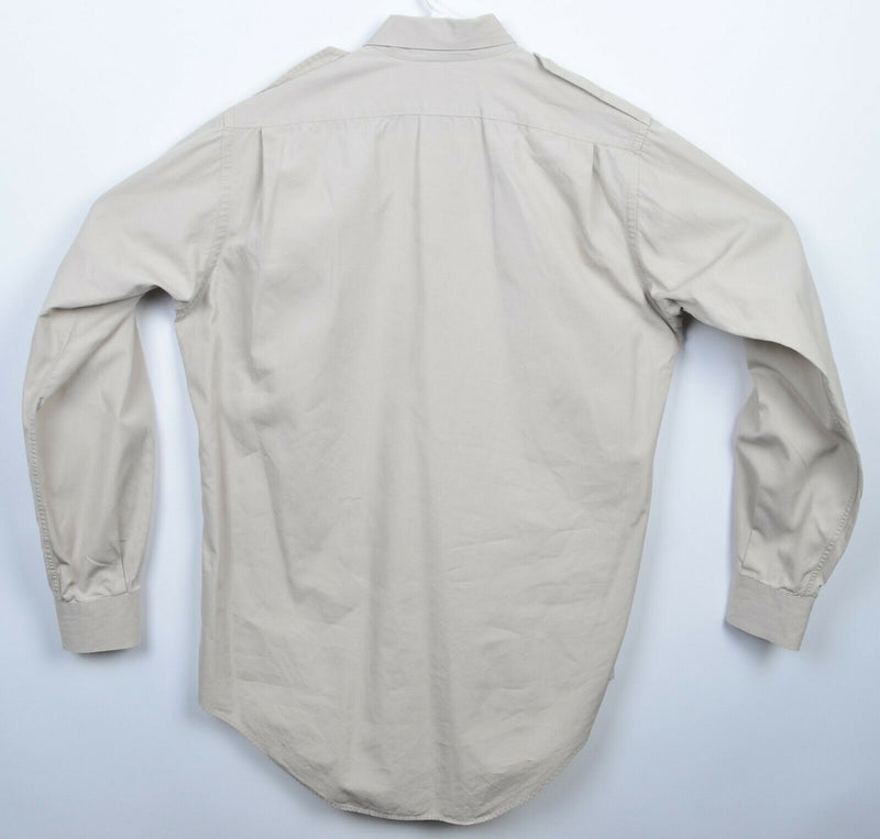 Vintage 80s Burberry Men's Medium Solid Khaki Tan Roll-Tab Sleeve Safari Shirt