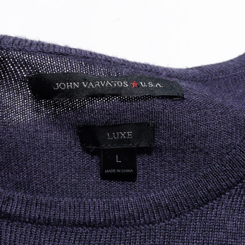 John Varvatos Luxe Sweater Mens Large Leather Elbow Patches Crewneck Wool Purple
