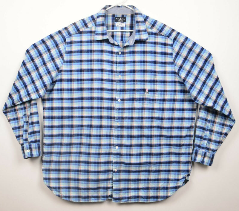 Psycho Bunny Men's 2XLT Navy Blue Plaid Robert Godley Button-Front Flannel Shirt