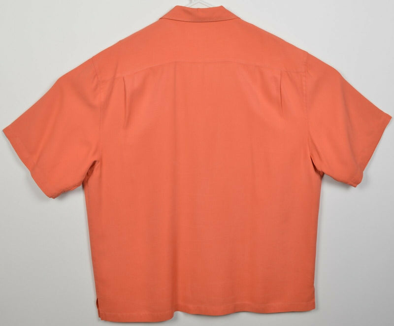 Nat Nast Men's Large 100% Silk Salmon Beige Striped Hawaiian Bowling Retro Shirt