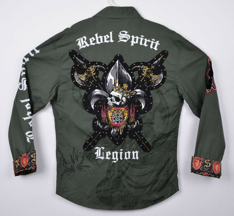 Rebel Spirit Men's Large Skull Flip Cuff Royal Way Embroidered Green Shirt