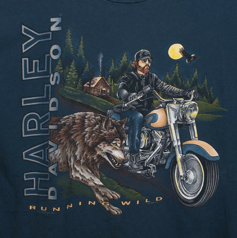 Vintage Harley-Davidson Men's XL Running Wild Wolf Blue Double-Sided 3D T-Shirt