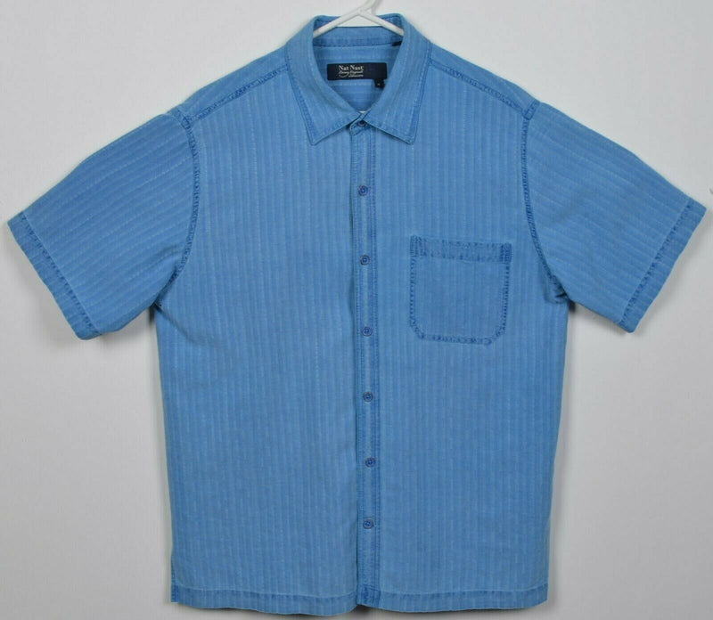 Nat Nast Men's Medium 100% Silk Blue Striped Hawaiian Bowling Retro Shirt