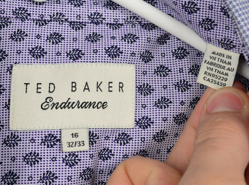 Ted Baker Endurance Men's Sz 16 32/33 Flip Cuff Purple Houndstooth Dress Shirt