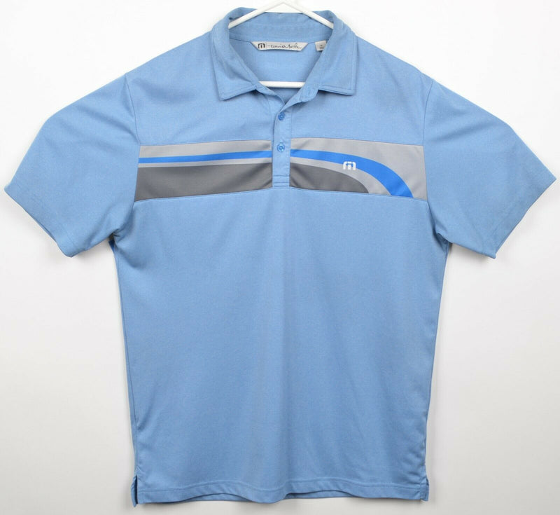 Travis Mathew Men's Medium Blue Gray Striped Polyester Wicking Golf Polo Shirt