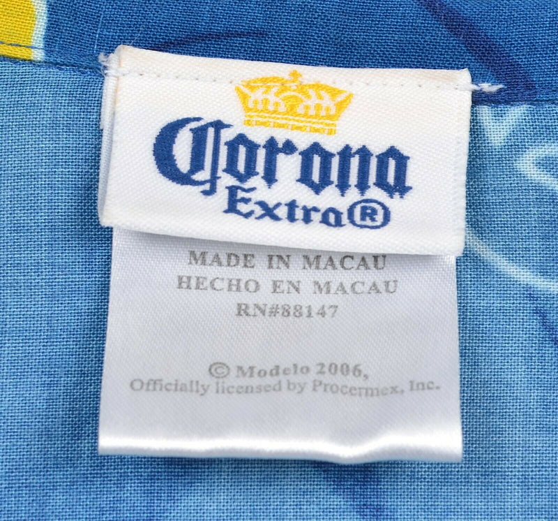 Corona Extra Men's Sz XL 100% Rayon Blue Floral Beer Promo Crown Hawaiian Shirt