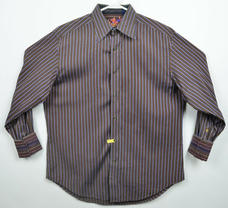 Robert Graham Men's Large Flip Cuff Brown Striped Designer Button-Front Shirt