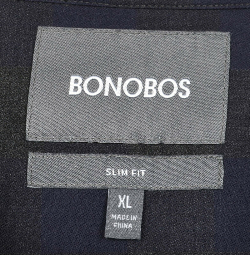 Bonobos Men's XL Slim Fit Navy Blue Gray Buffalo Check Plaid Spread Collar Shirt