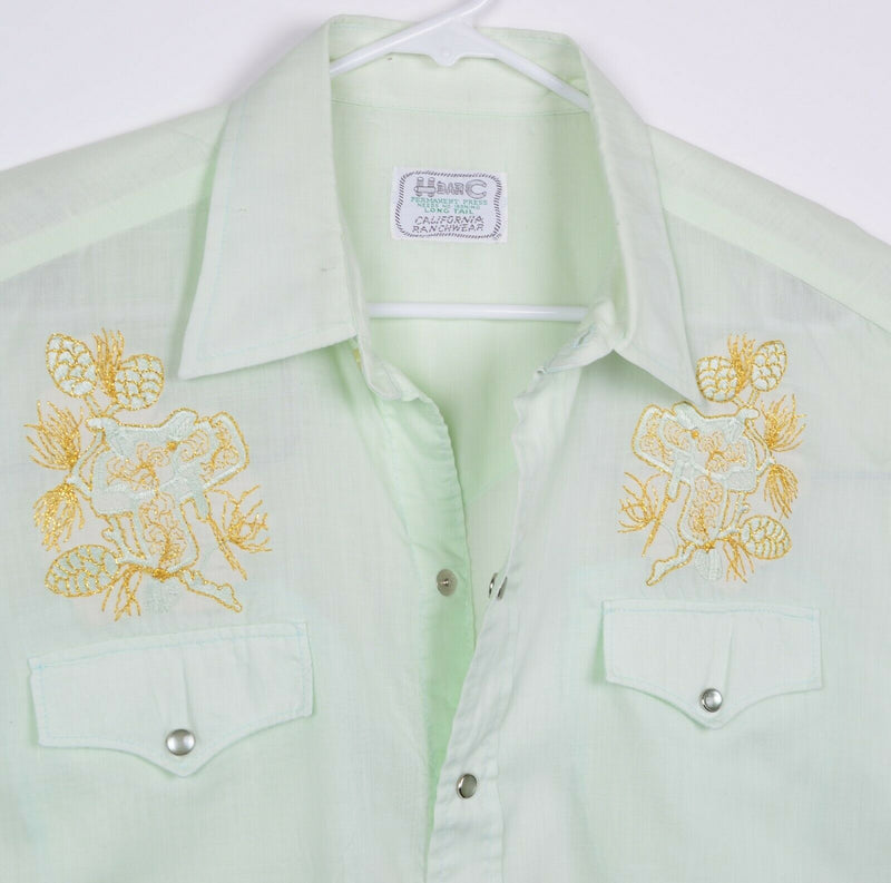 Vtg H Bar C Men's Sz Large Embroidered Saddle Green Pearl Snap Western Shirt