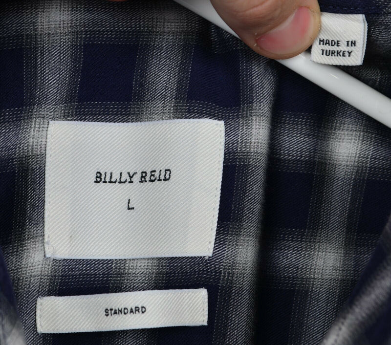 Billy Reid Men's Large Standard Navy Blue Gray Plaid Button-Down Shirt