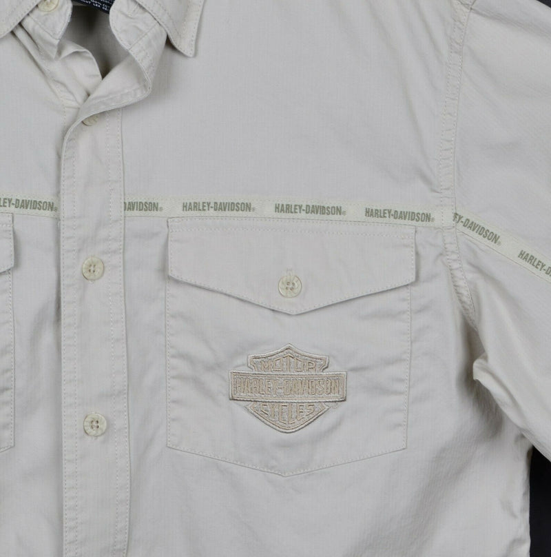 Harley Davidson Men's Medium Ivory White Embroidered Biker Garage Mechanic Shirt
