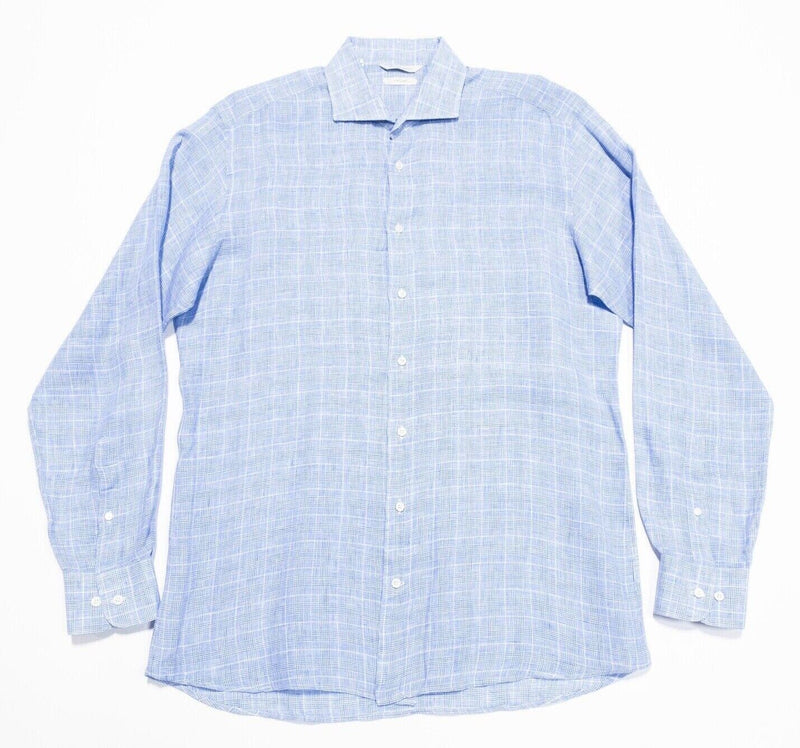 Suitsupply Linen Shirt 42/16.5 Regular Fit Men's Blue Plaid Dress Shirt Spread