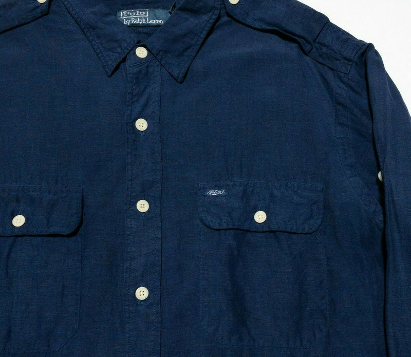 Polo Ralph Lauren Linen Silk Blend Shirt Safari Navy Blue Button-Front Men's XL