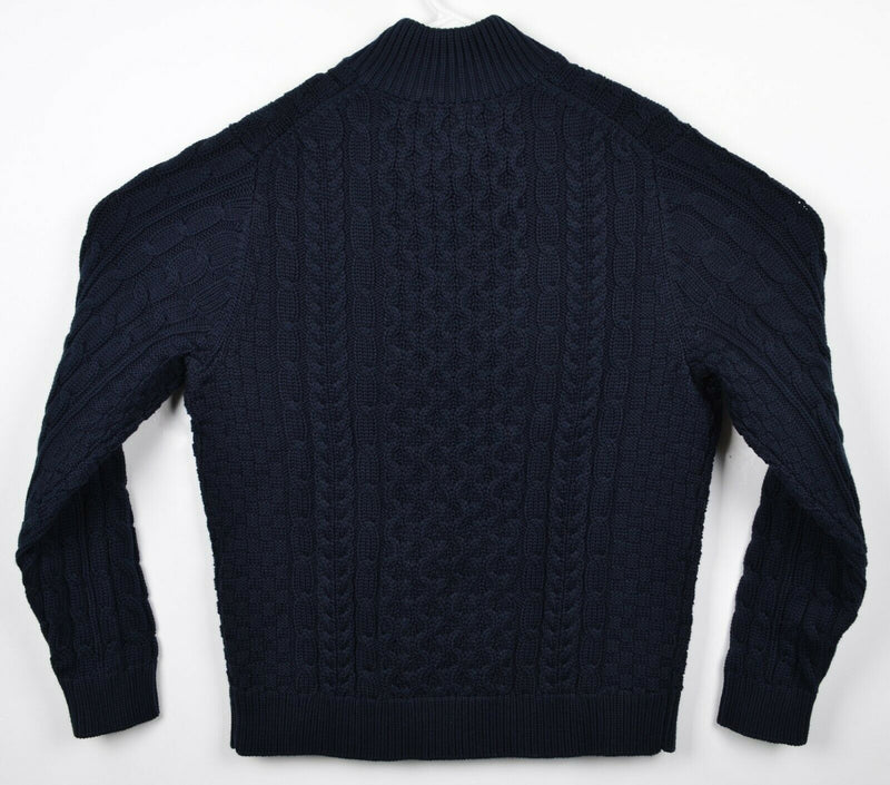 LL Bean Men's Medium Cable-Knit Navy Blue Henley Collar Fisherman Sweater