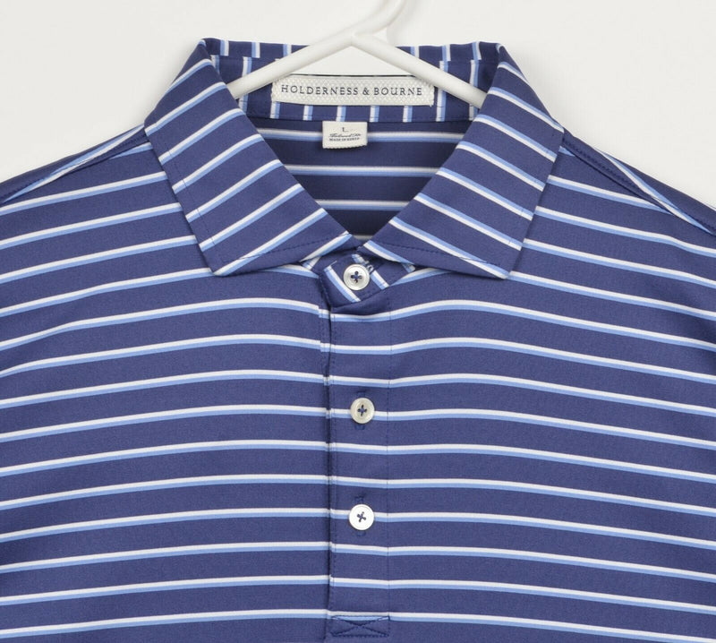 Holderness & Bourne Men's Large Tailored Navy Striped Polyester Golf Polo Shirt