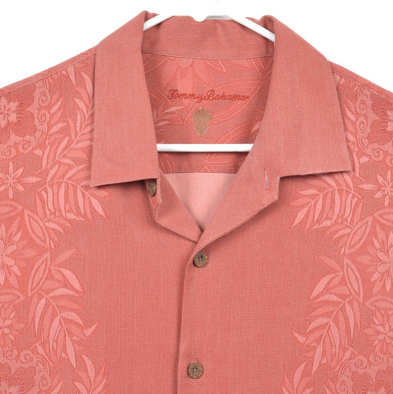 Tommy Bahama Men's Sz XL 100% Silk Salmon Floral Textured Hawaiian Shirt