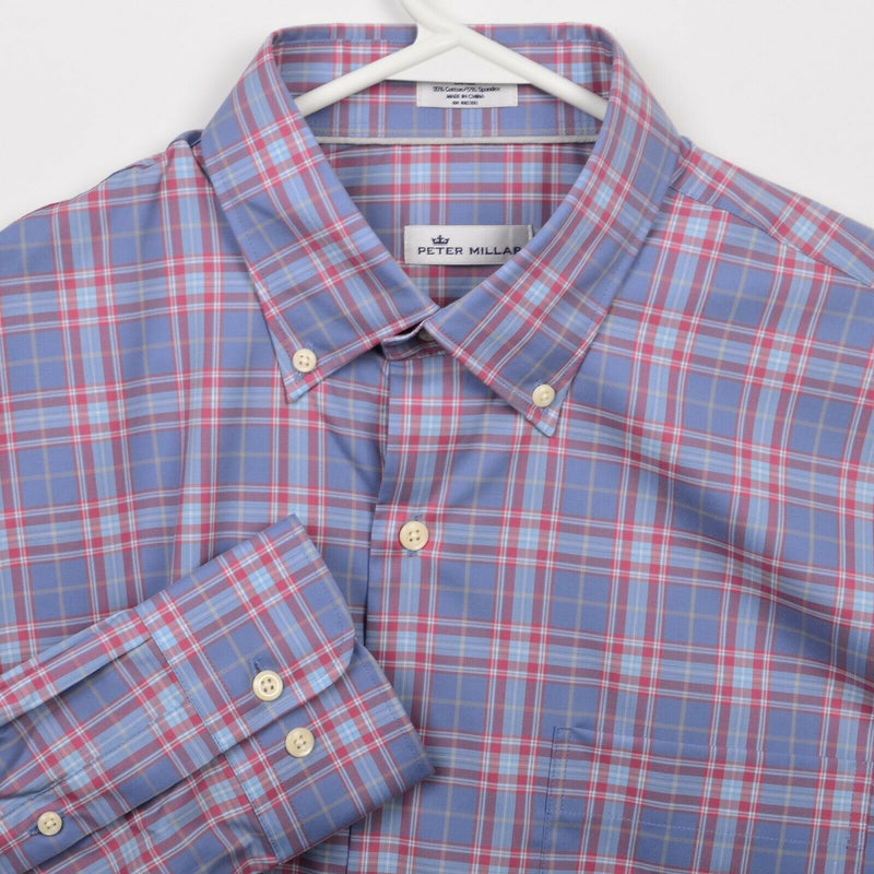 Peter Millar Crown Sport Men's Large Cotton Spandex Blend Blue Red Plaid Shirt
