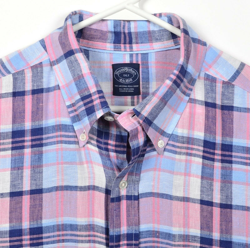 Brooks Brothers Men's XLT Irish Linen Pink Blue Plaid Button-Down Shirt