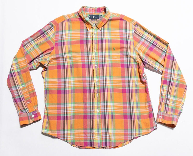 Polo Ralph Lauren Indian Madras Shirt Mens 2XL Colorful Plaid Orange Pink Button