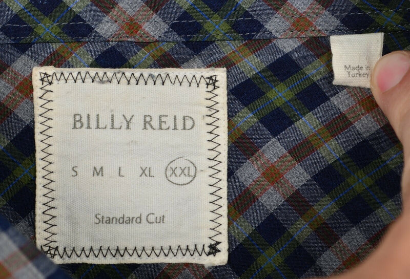 Billy Reid Men's Sz 2XL Standard Cut Navy Green Multi-Color Plaid Check Shirt