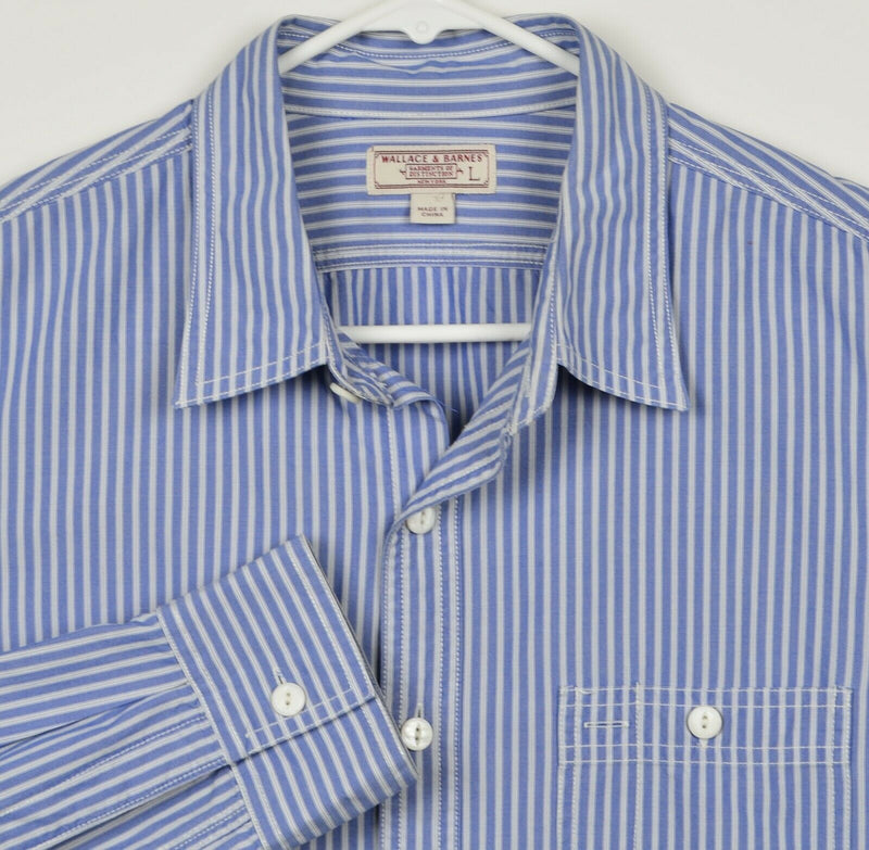 Wallace & Barnes Men's Sz Large Blue White Striped J. Crew Button-Front Shirt