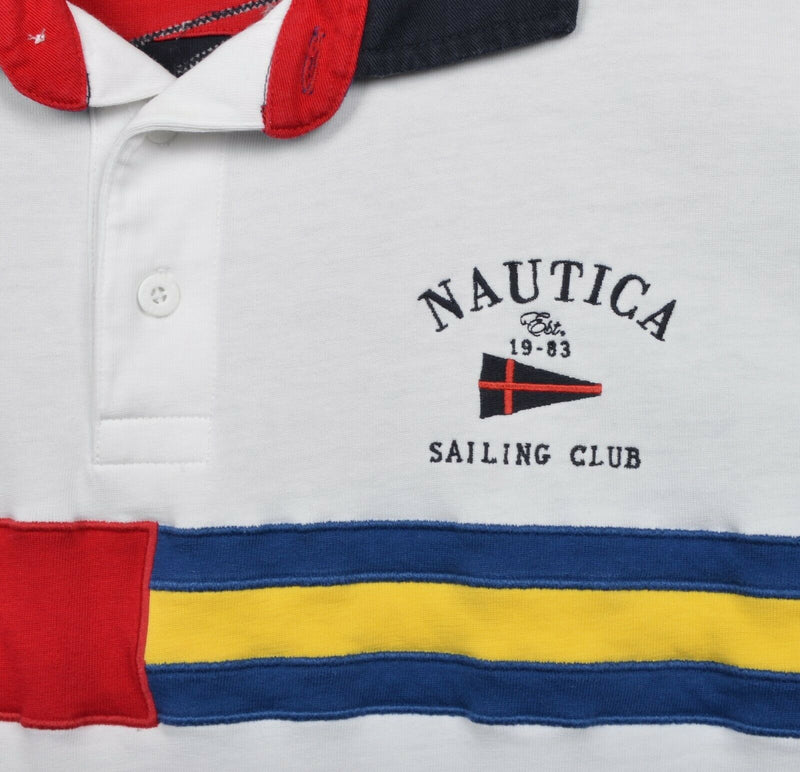 Nautica Men's Sz XL Sailing Club White Stripe Flag Embroidered Polo Rugby Shirt