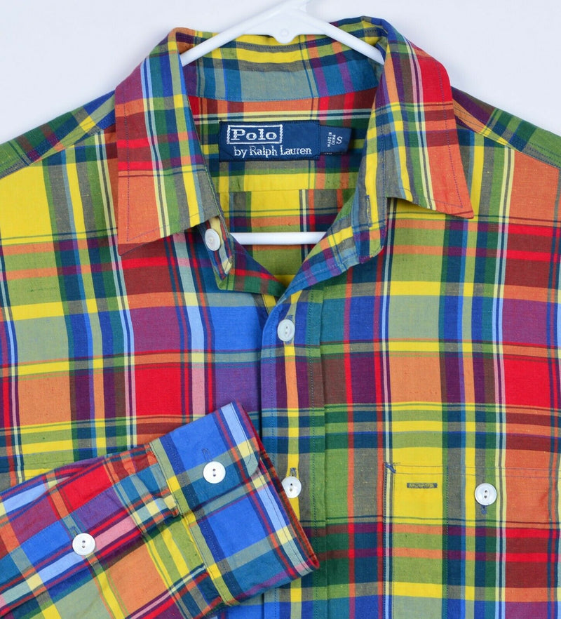 Polo Ralph Lauren Men's Small Linen Silk Blend Colorful Plaid Yellow Red Shirt