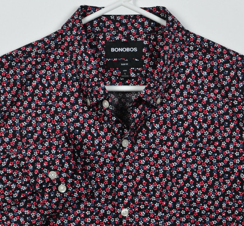 Bonobos Men's Large Long Slim Fit Floral Print Black Pink Button-Down Shirt