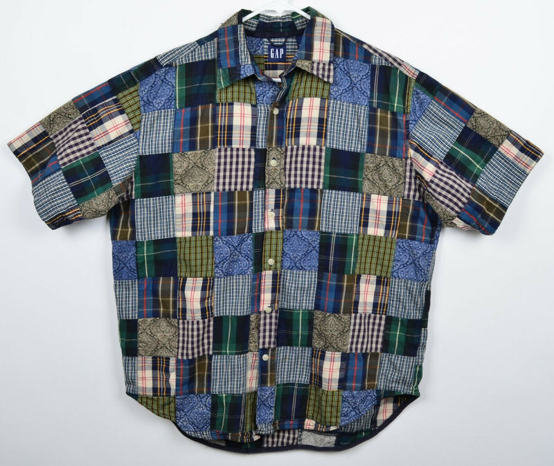 VTG 90s GAP Men's Sz Medium Patchwork Paisley Plaid Blue Green S/S Shirt