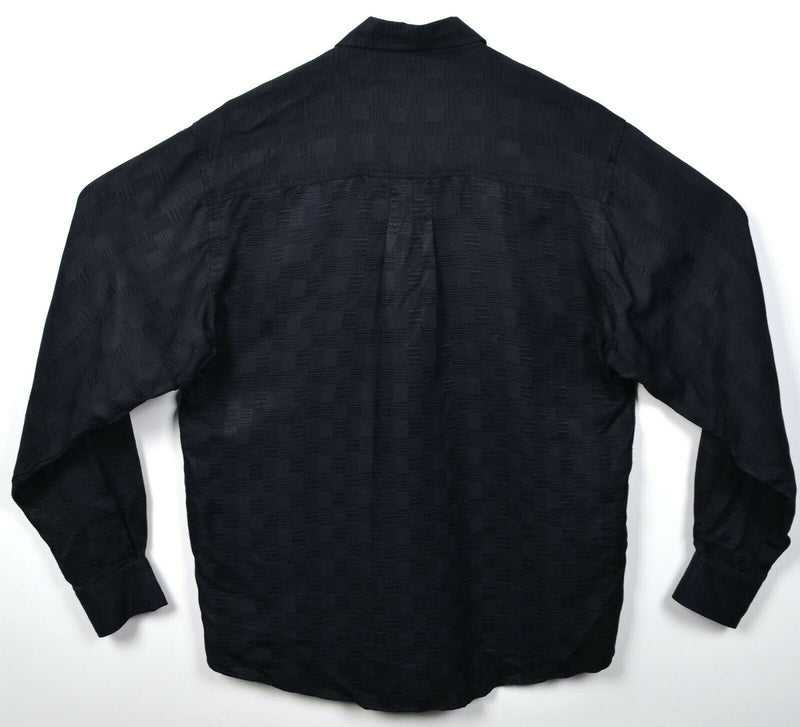 Genelli Men's Small 100% Silk Black Textured Check Button-Front Party Shirt