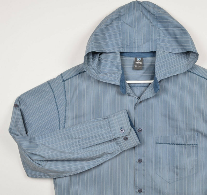 Kuhl Men's Large Blue Striped Hooded Button-Front Lightweight Jacket Shirt