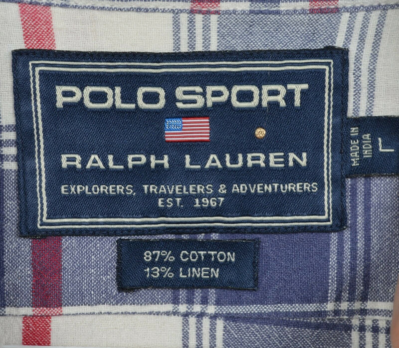 Polo Sport Ralph Lauren Men's Large Linen Blend Blue Red Plaid Button Shirt