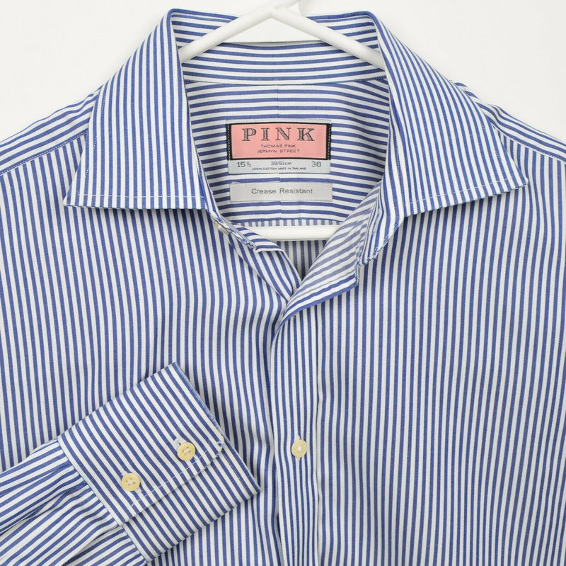 Thomas Pink Men's 15.5-36 Blue Striped Crease Resistant Button-Front Dress Shirt