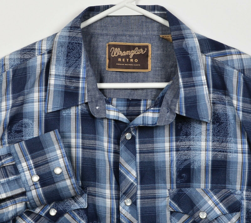 Wrangler Retro Men's XLT Tall Pearl Snap Blue Plaid Paisley Western Shirt