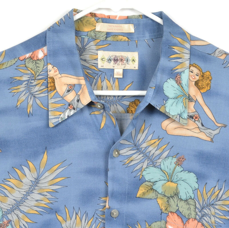 Campia Moda Men's Sz XL Rayon Pin-Up Girl Bikini Blue Floral Hawaiian Shirt